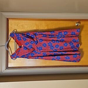 Red and blue floral dress with bow back